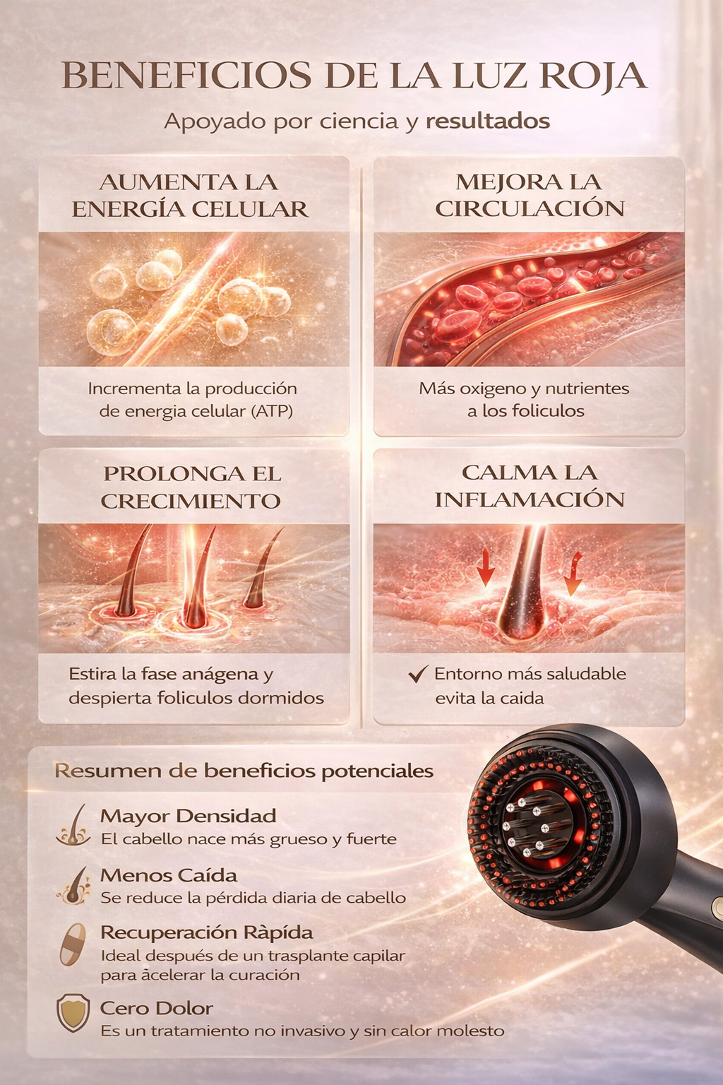 Masajeador Capilar con Luz Roja 630nm Anticaída y Crecimiento